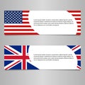 US and UK flag banner or header template. American and British flag background with space for text. Great Britain and USA national